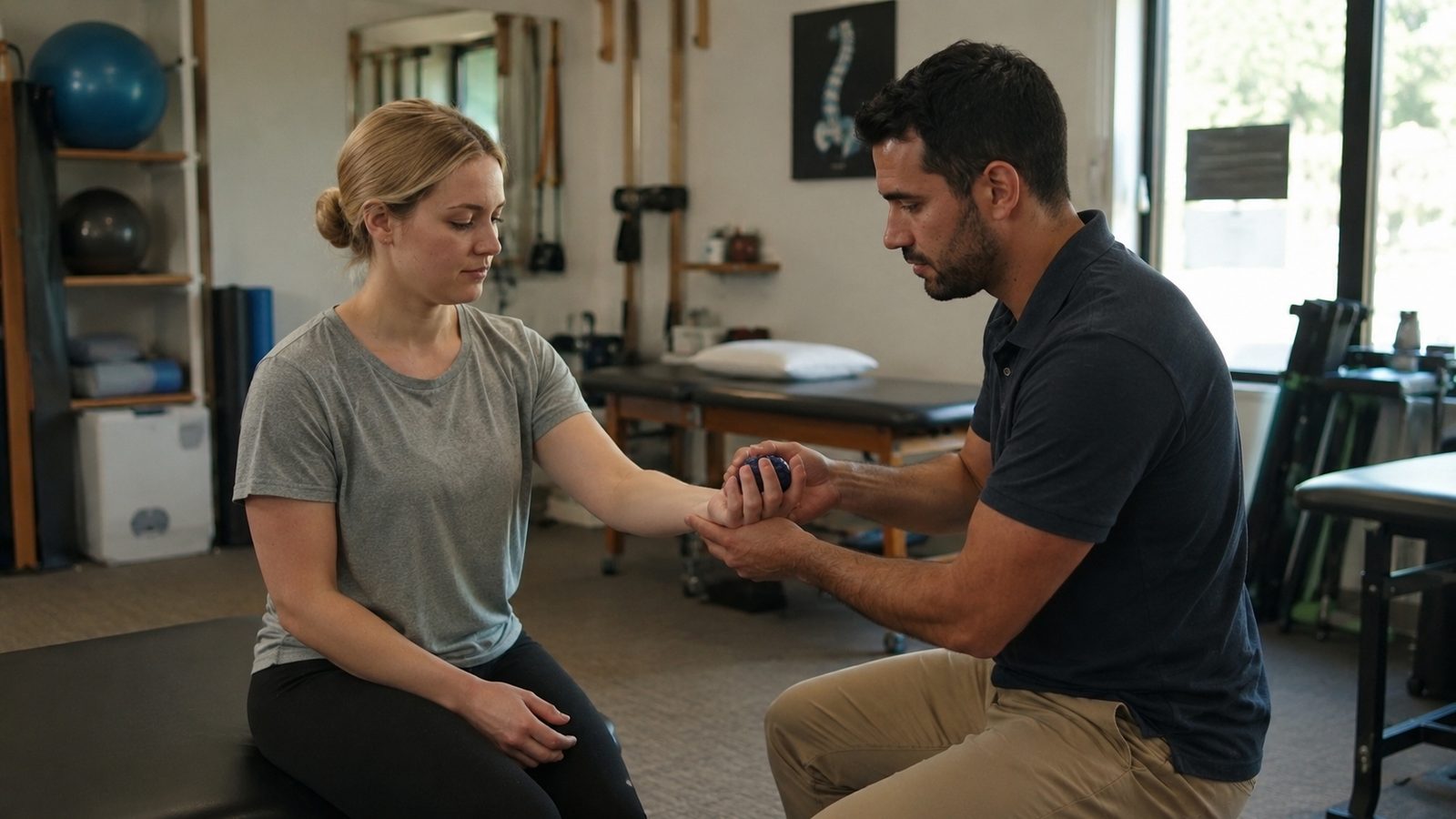 A therapist working through a hand exercise with a patient using a small therapy ball.