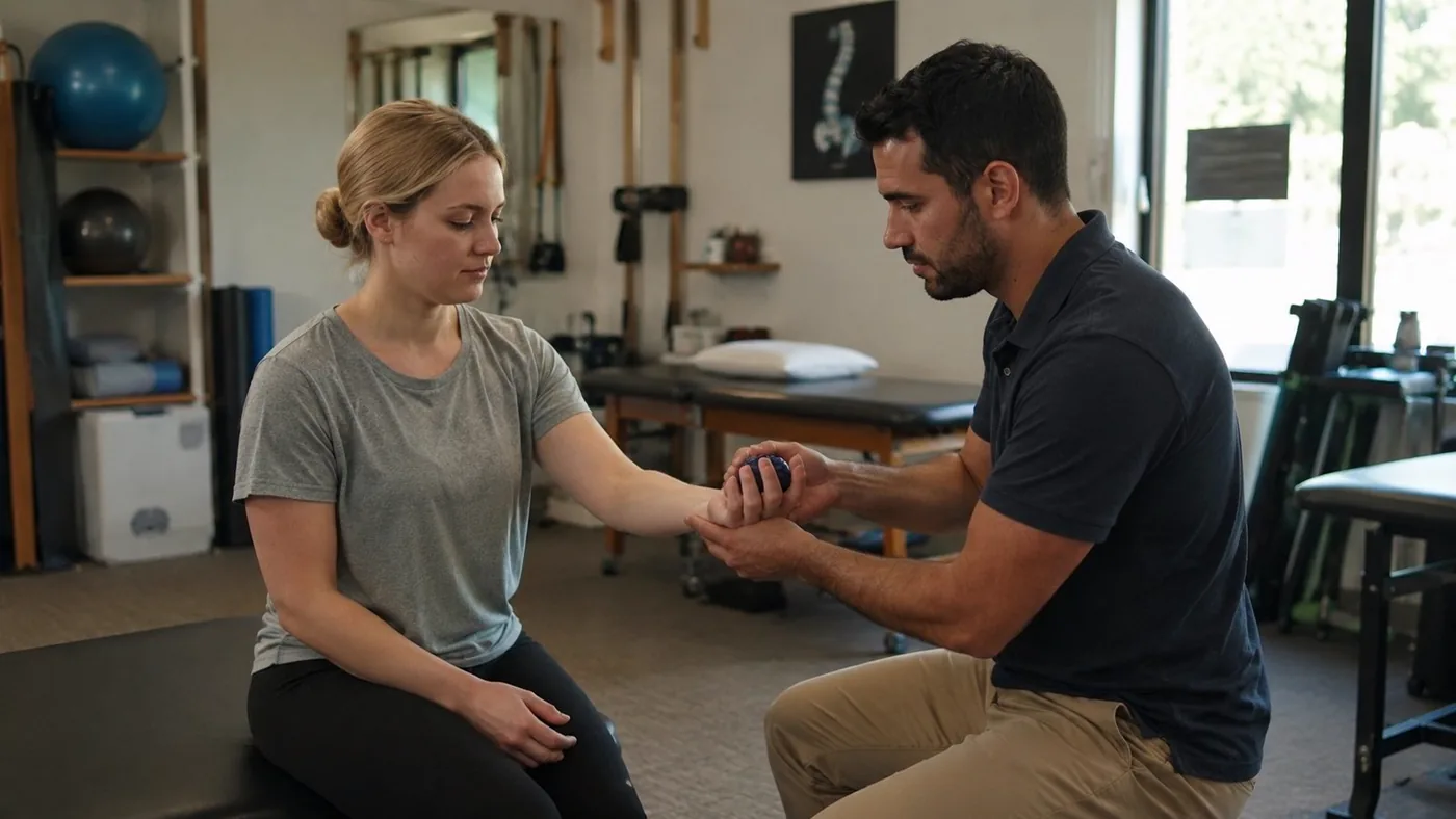 A therapist working through a hand exercise with a patient using a small therapy ball.