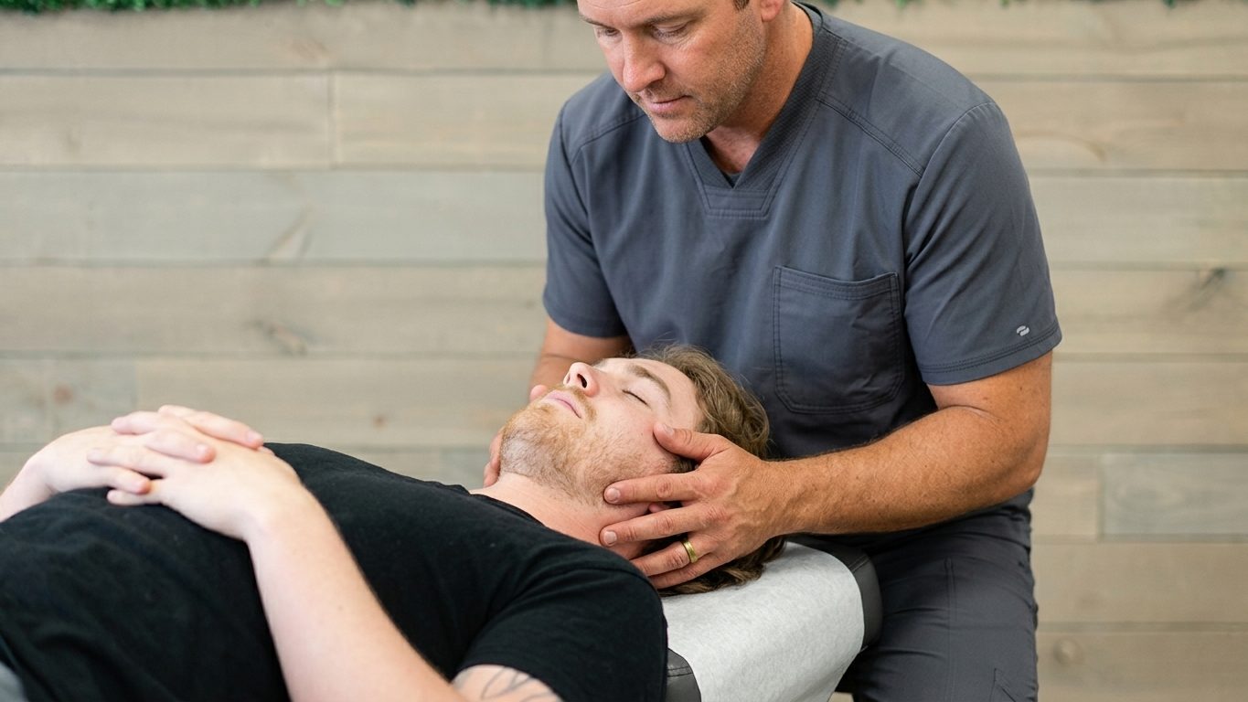 A chiropractor treating a patient on a treatment table.