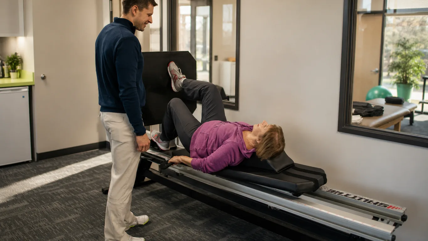 A therapist supervising a patient on a leg-press rehabilitation machine in a clinic.