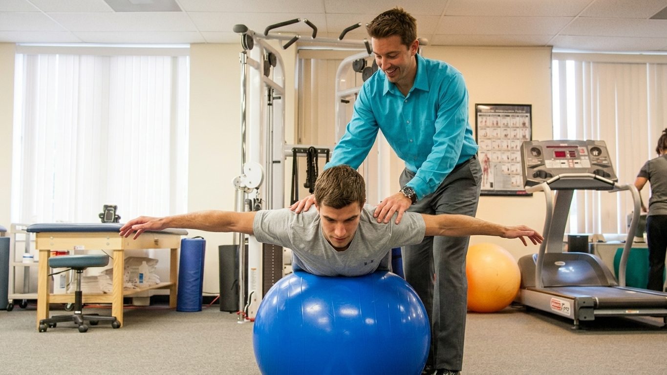 A physical therapist guiding a patient through an exercise, where a product recommendation naturally fits into care.
